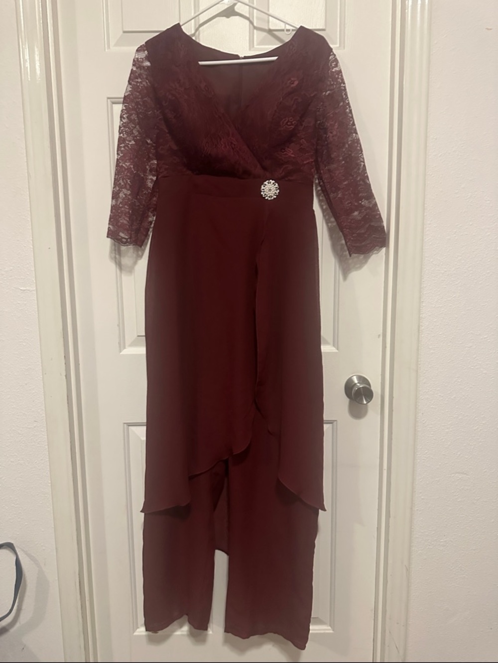 Amazon Women's Burgundy Lace Wrap Jumpsuit with Rhinestone Brooch